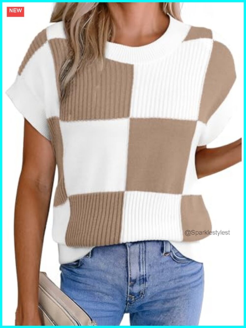 Women's Short Sleeve Sweater Vest Color Block Checkered Knit Top Round Neck